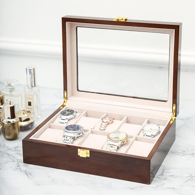 錶盒 展示盒 新款鋼琴烤漆手錶盒現貨咖啡色樹紋10位手錶盒收納木質噴漆錶盒