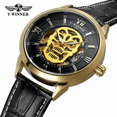 現貨男士手錶腕錶T-WINNER 歐美風范男士時尚休閑骷髏頭鏤空機械機芯 全自動機械錶