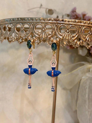 熱銷#Les Nereides 芭蕾舞女孩 埃及藍色 雙人舞 鑲鉆耳環耳夾