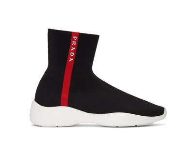 [全新真品代購-SALE!] PRADA 紅線LOGO 襪套鞋 / 運動鞋 (黑色 / 白色)