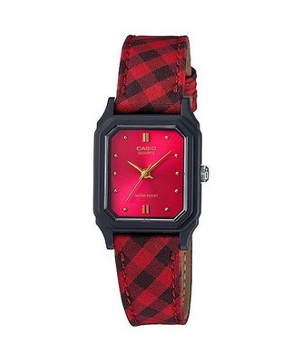 CASIO WATCH 卡西歐復古格紋時尚黑紅搭配金色指針石英腕錶 型號: LQ-142LB-4A【神梭鐘錶】