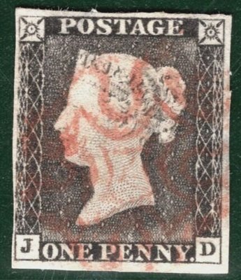 D129-英國古典郵票-1840黑便士.JD字軌,四寬邊,1b版次,銷紅色馬爾他十字戳,目錄價525英鎊