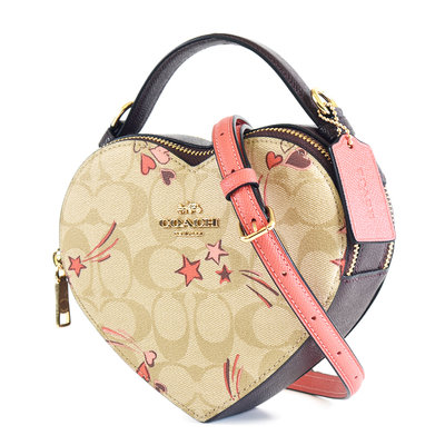 美國正品 COACH 流星緹花LOGO防刮心型雙層拉鍊手提/斜背二用包-米色【現貨】