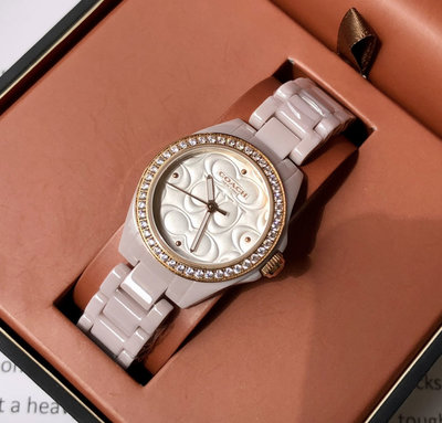 COACH Astor 水鑽圈 C字浮雕錶盤 粉色陶瓷錶帶 石英 女士手錶 14503256