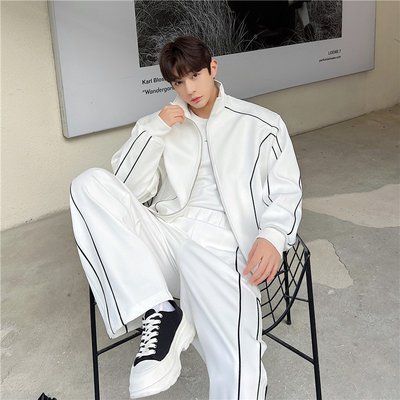 韓版外套風衣夾克棒球服嘻哈街頭潮人休閑套裝線條設計韓系個性男春秋夾克長褲運動套裝