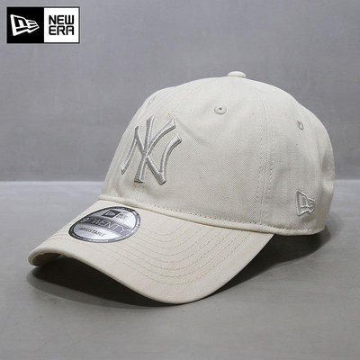 UU代購#韓國代購NewEra帽子MLB棒球帽ny洋基軟頂大標暗條紋米白色鴨舌帽