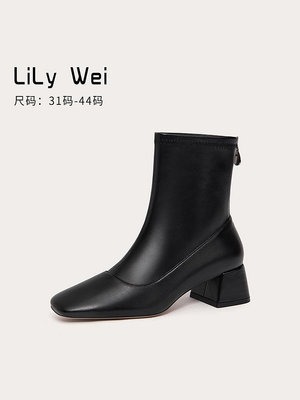 Lily Wei今年流行靴子黑色短靴女春秋單靴小碼女鞋3132百搭中筒靴-麵包の店