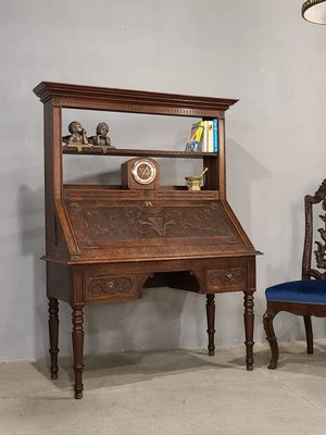 【卡卡頌  歐洲古董】19世紀 法國 手工 老橡木 百年雕刻 可掀式 書架 書桌 寫字桌 t0402 ✬