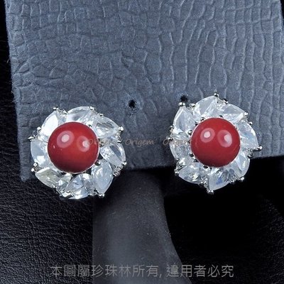 珍珠林~珊瑚耳環(夾式)~8.8mm阿卡紅珊瑚精鑲水滴型美鑽~可加購墜子耳環享優惠價 #340