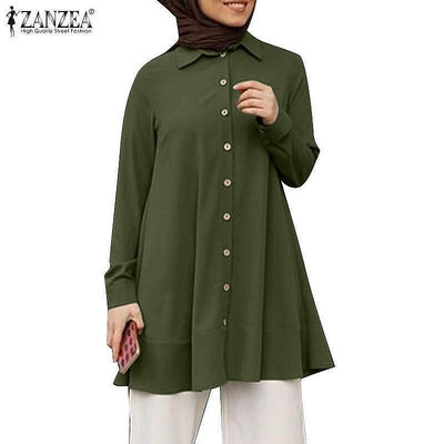 Zanzea 女士穆斯林街頭時尚鈕扣翻領長袖純色襯衫