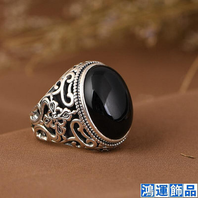 霸氣純銀S925銀戒指復古做舊鑲嵌黑瑪瑙開口寶石戒子銀飾食指男士-鴻運飾品