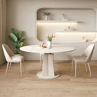 奶油風純白巖板多功能變形旋轉餐桌家用小戶型輕奢可伸縮折疊圓桌~特價