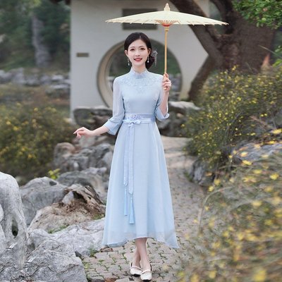 夏季新款中國風女裝中式復古立領繡花收腰顯瘦連衣裙禪茶服裙
