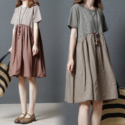 洋裝 棉麻洋裝 夏季短裙 韓版 寬鬆 撞色 中大尺碼洋裝 圓領 短袖洋裝連身裙