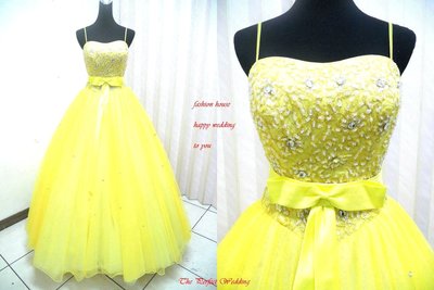 【時尚屋婚紗禮服】黃色露肩水鑽蕾絲法式設計師華麗造型款《二手禮服》～Ｗ５５７(歡迎預約試穿)