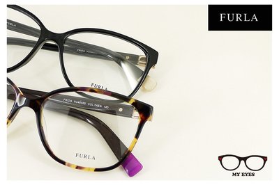 【My Eyes 瞳言瞳語】Furla 義大利品牌 亮黑色光學眼鏡 大框面時尚 方紋水鑽 女性魅力 (VU4859)