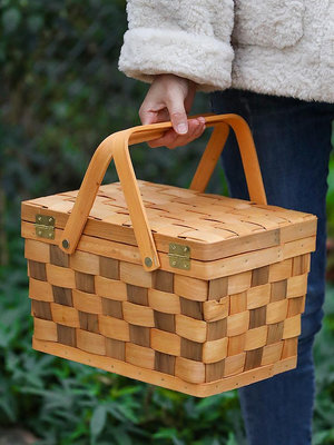 木片編織野餐籃帶蓋餐盒便當盒日式購物水果提籃面包籃便攜籃提手