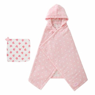 ☆注目の日本製原裝進口MIKI HOUSE 粉紅色連帽浴巾+手帕組 彌月禮盒☆