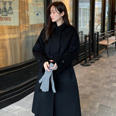 韓國chic冬季優雅氣質翻領系帶收腰顯瘦單排扣長款大衣毛呢外套女半米潮殼直購