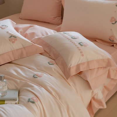 促銷打折  床件組粉色少女心100支長絨棉全棉四件套貢緞純棉刺繡床單被套床上用品