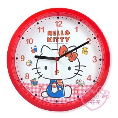 ♥小花凱蒂日本精品♥HelloKitty側面坐姿紅色外框造型10吋手繪風靜音時鐘 掛鐘JM-W6600KT-B~8