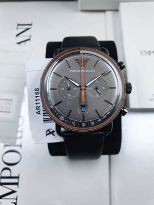 EMPORIO ARMANI Aviator 灰色錶盤 黑色皮革錶帶 石英 雙眼計時 男士手錶 AR11168