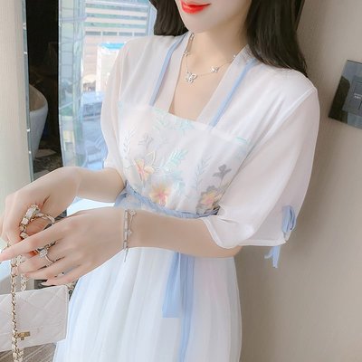 熱賣 中國風漢服元素古裝日常改良版網紗白色連衣裙子襦裙2022夏季新款