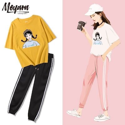 現貨熱銷-【fashion】 正韓女裝????2023春季新款短袖套裝女夏韓版時尚休閒運動兩件套學院風學生閨蜜裝國中女生