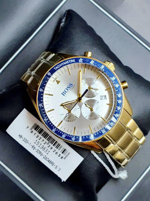 HUGO BOSS Trophy 藍色框配銀白色錶盤 金色不鏽鋼錶帶 石英 三眼計時  男士手錶 1513631