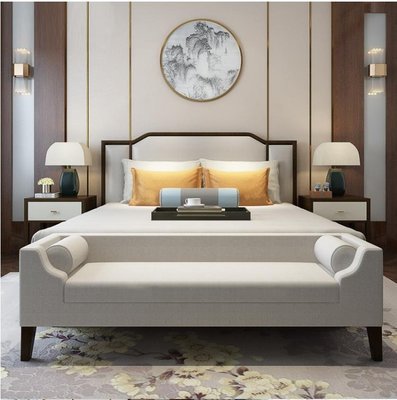 新中式實木客廳沙發凳科技布長條凳現代簡約臥室床尾凳~特價下殺 免運