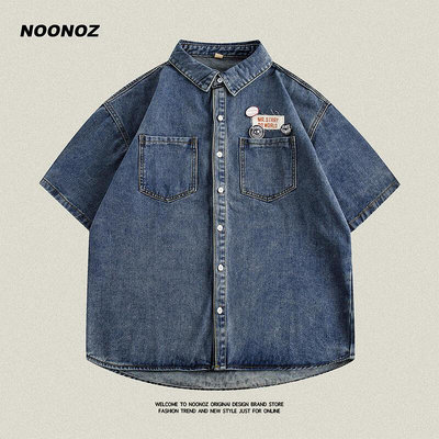 威登服裝城 NOONOZ牛仔短袖襯衫男夏季美式水洗做舊高街重磅情侶百搭潮牌襯衣 NX4427