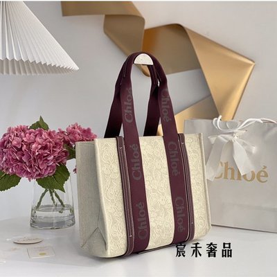 99新 二手 Chloe 蔻依 woody tote 中號 帆布 手提包/托特包/購物袋/通勤包