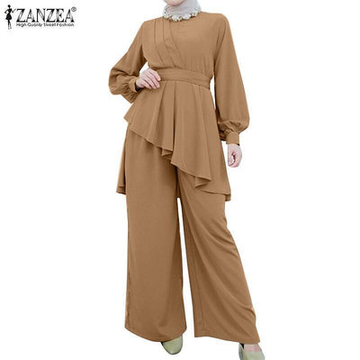 Zanzea 女士街頭穆斯林可拆卸腰帶燈籠袖襯衫百褶鬆緊腰帶不規則下擺長褲套裝