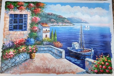 『府城畫廊-手繪油畫』歐風－地中海風景畫－60x90－(會繃內架，可加框)－有實體店面，我們店有在裱框－F932