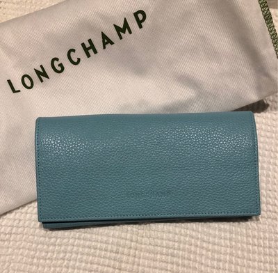 全新法國專櫃正品 Longchamp 長夾 LE FOULONNÉ 長型錢包 12卡夾層 牛皮 長夾 （經典款） 限量色 湖水藍 絕版珍藏
