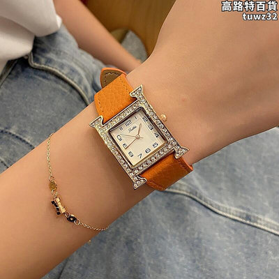 詩高迪方形石英女士手錶時尚鑲鑽羅馬橙色手錶女氣質ins風皮錶帶