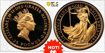 PCGSPR69DC英國1987年女神25鎊金幣，首髮年份。