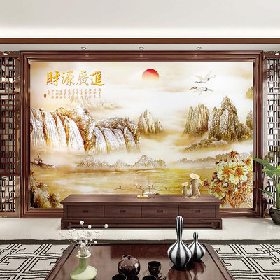水墨山水畫中堂背景墻壁畫客廳掛畫自粘貼畫電視風景畫裝飾畫壁紙