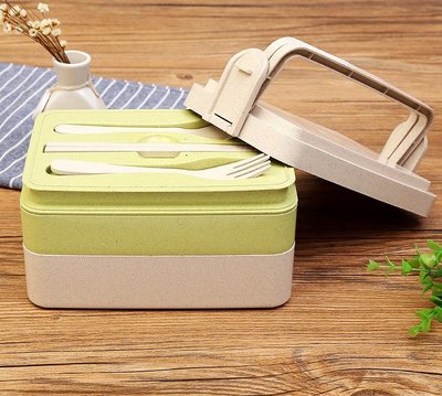 【小麥3層飯盒】日式小麥餐具便當盒午餐稻殼餐具學生便攜餐盒【B】