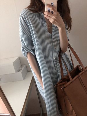 酷利男=短袖洋裝 (HH04811) 韓慵懶風寬鬆條紋襯衫式連身裙 長洋裝