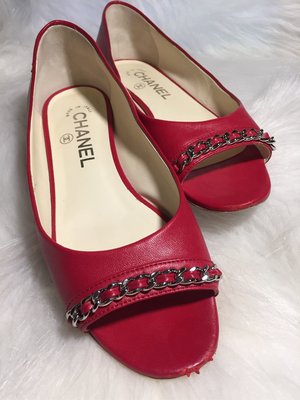 Chanel 香奈兒 鏈條小紅鞋 魚口低跟鞋 35.5碼