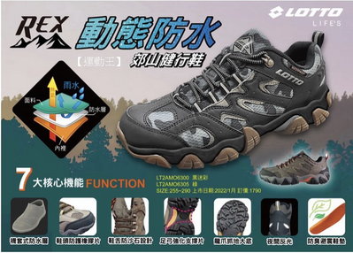 LOTTO REX動態防水登山鞋 鞋頭防護橡膠片 鞋舌防沙石設計 強化底盤 LT2AMO6300