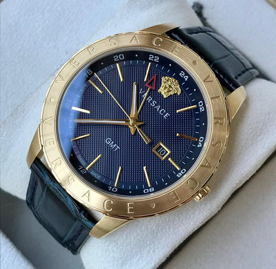 VERSACE Univers GMT 藍色錶盤 深藍色皮革錶帶 石英 男士手錶 VEBK00318