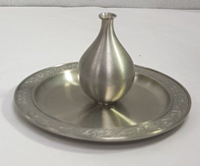 【日本古漾】341001日本帶回 selangor pewter 錫製 一輪插花瓶 +錫盤