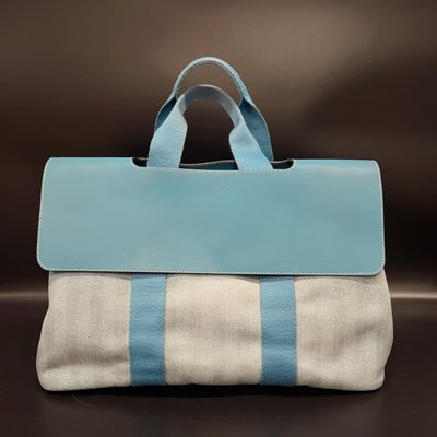 【哈極品】二手品《Hermes 愛馬仕 水藍色 VALPARAISO 帆布拼皮革 手提包附內小袋/公事包》