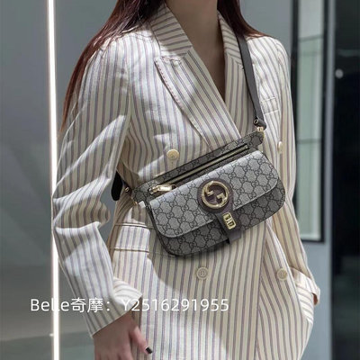 Belle二手正品 Gucci 古馳 斜背包 腰包 咖啡色 GG Supreme Blondie belt bag 胸包 718154