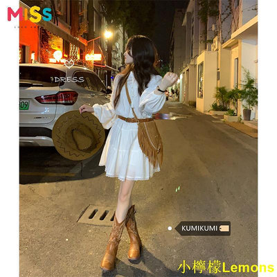 小檸檬LemonsMiss小姐小眾設計感鏤空抽繩洋裝洋裝女裝春季白色長袖娃娃裙短裙子