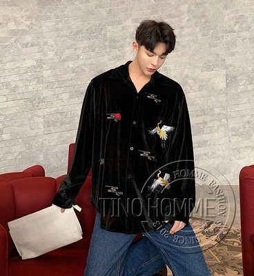 《TINO HOMME》2019春夏新款日韓版OVERSIZE復古絲絨圖案刺繡寬鬆長袖襯衫