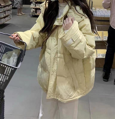 奶黃色羽絨服衣女2023冬季小個子設計感韓系加厚學生寬松棉服外套_佳美優品