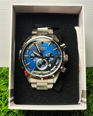 【一元起標】【手錶】【精品】瑞士精典老品牌CURREN卡瑞恩 新款時尚三眼不銹鋼錶帶頂級豪華運動計時石英錶